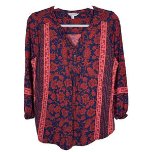 Lucky Brand Womens M button front popover pleats 3/4 sleeve peasant knit top